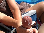 Meaty jizz shot on the beach mummy handjob with jizm erupting from dick
